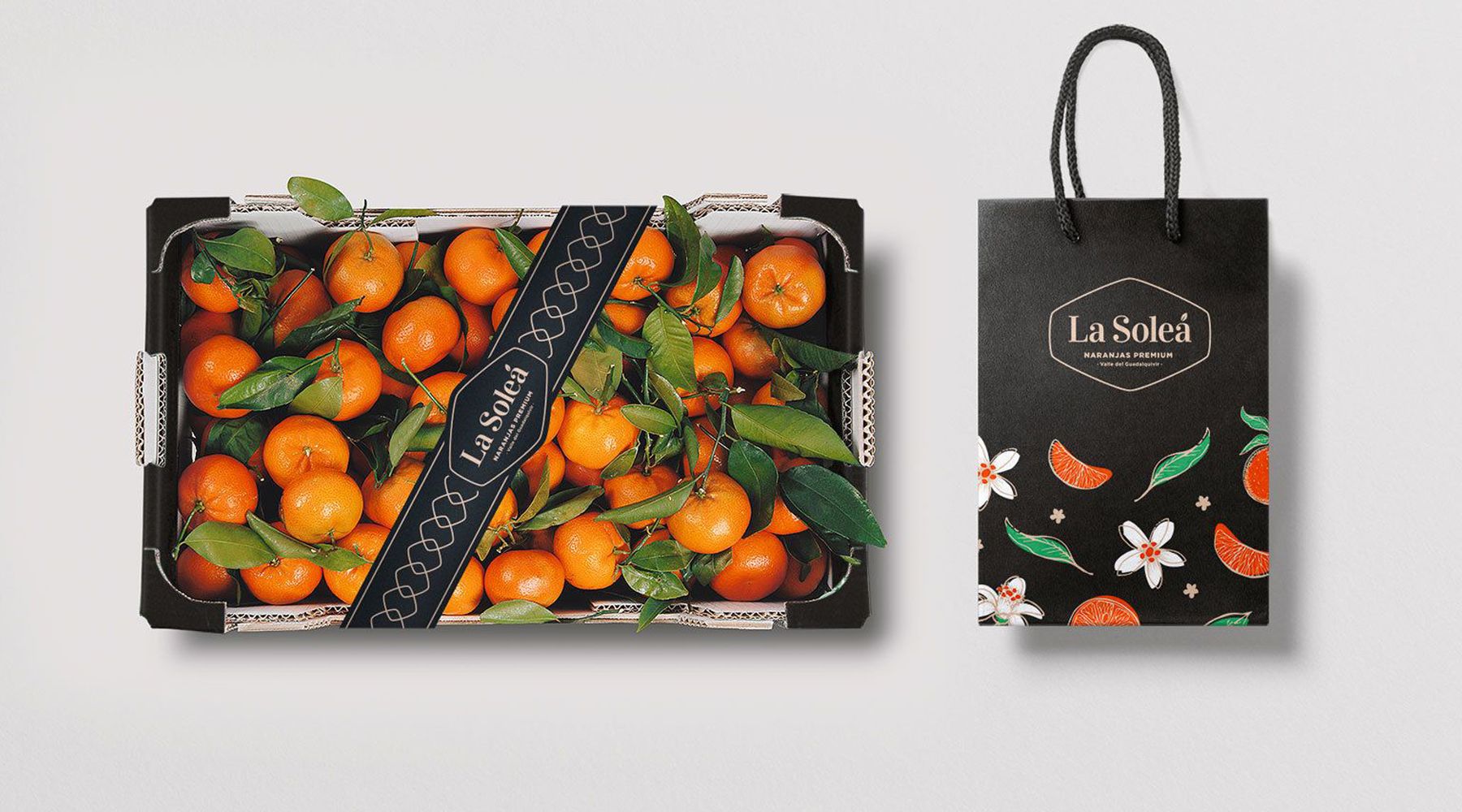 Cardboard box and bag of oranges La Soleá